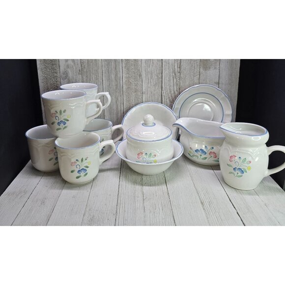 Floral Expression Stoneware Cups Saucer Creamer & Sugar Bowl Mexico - Set of 12 - Picture 1 of 11
